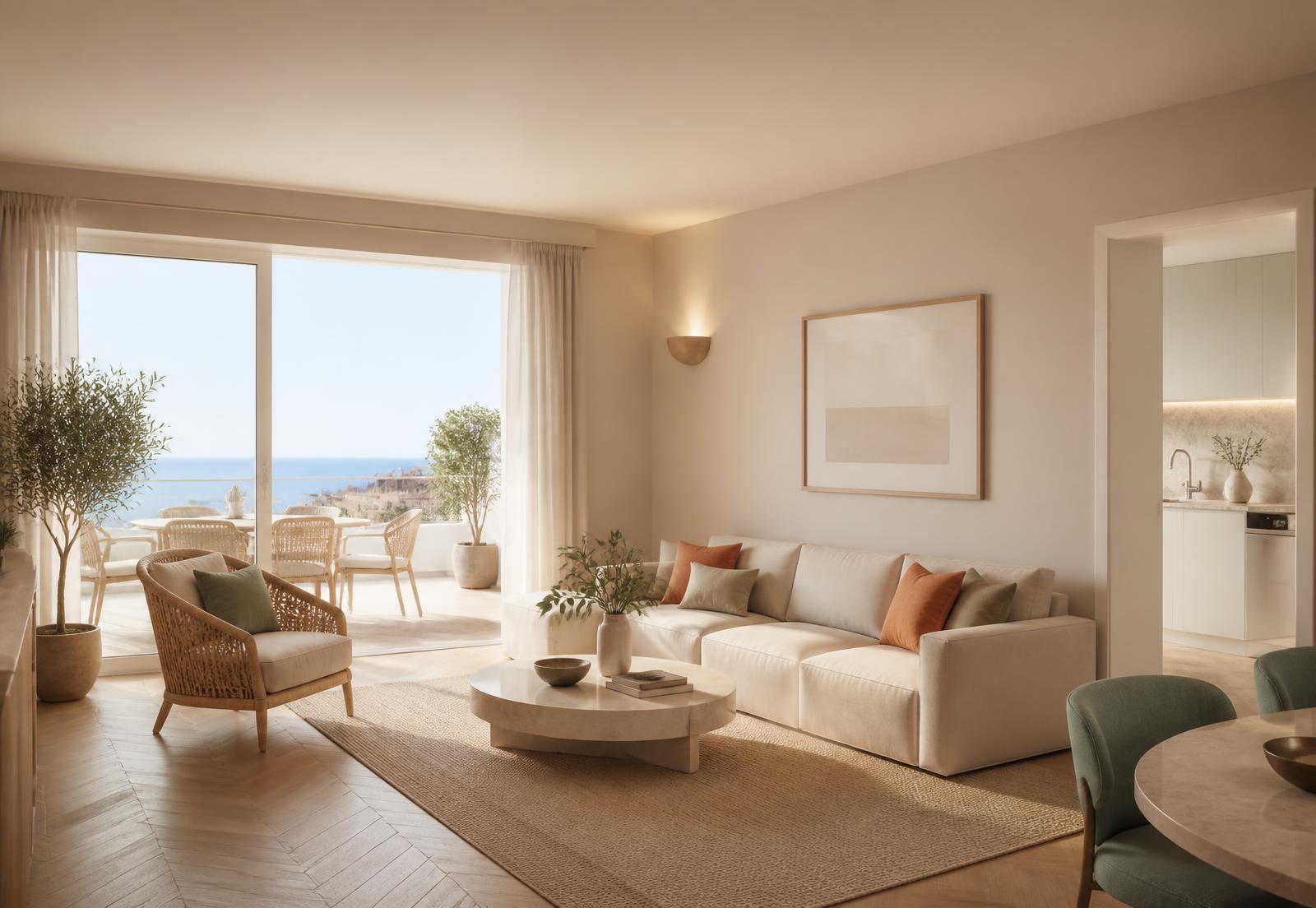 Render del soggiorno di un appartamento Residenze Tirreno